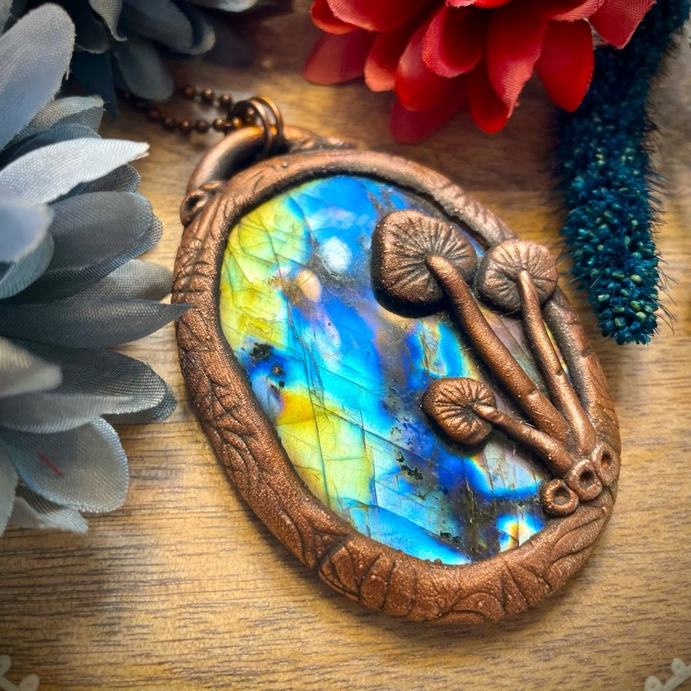 Blue labradorite copper pendant, mushroom organic necklace